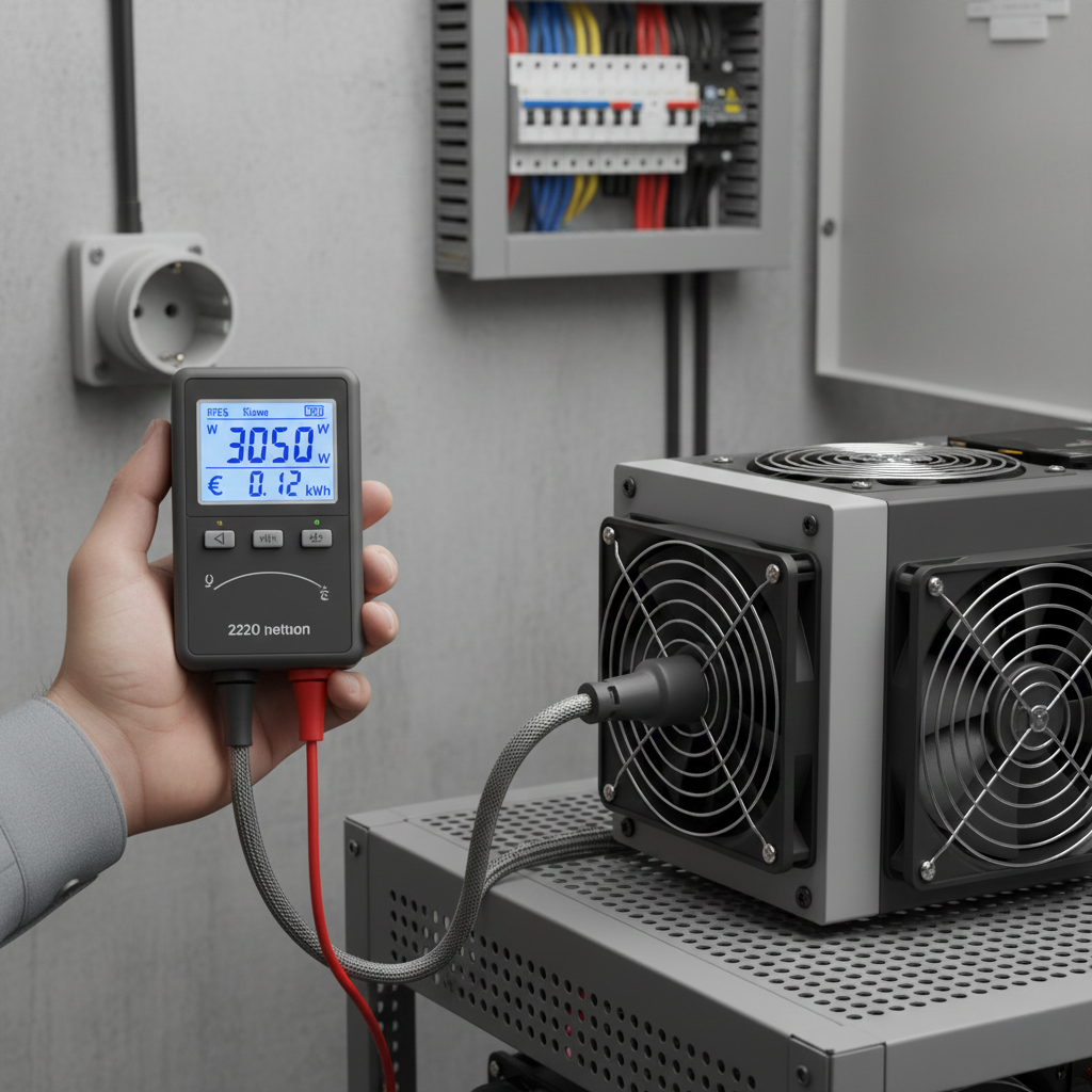 A close-up shot of a hand holding a digital power meter displaying a power consumption of 3050W and an electricity cost of €0.12/kWh. The meter is connected to a cryptocurrency mining machine, with an electrical panel visible in the background, illustrating the importance of monitoring electricity usage.