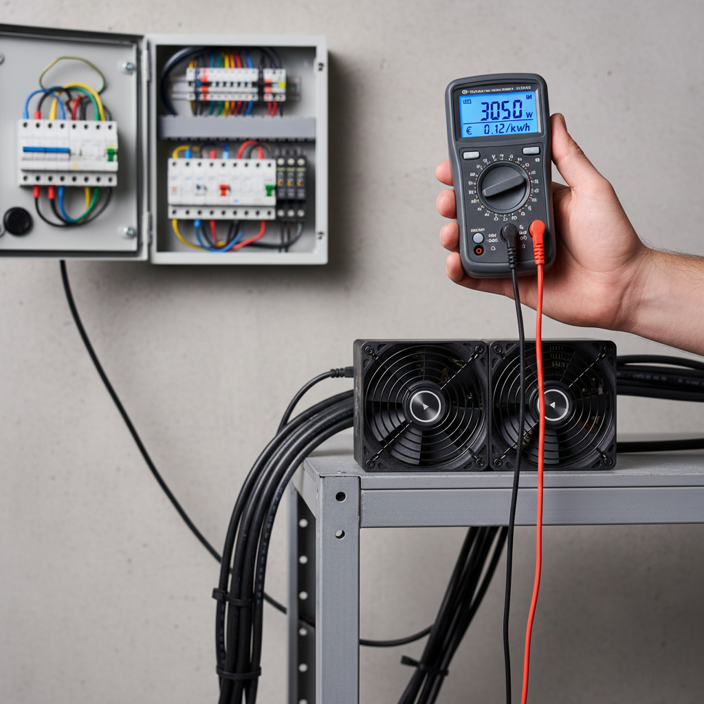 A home cryptocurrency mining setup showing a dual-fan ASIC miner placed on top of a server rack. In the foreground, a multimeter measures the power draw at 3050 Watts. An open electrical circuit breaker panel is visible on the wall behind the equipment, highlighting the essential electrical infrastructure.