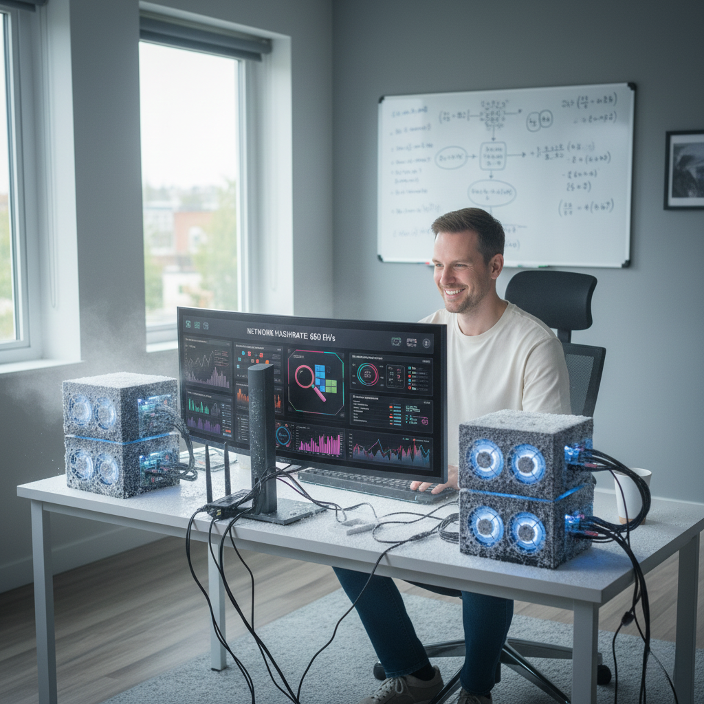 A smiling male miner in a bright home office checking his computer monitor, which displays "NETWORK HASHRATE: 650 EH/s," with two active cryptocurrency mining rigs on his desk.