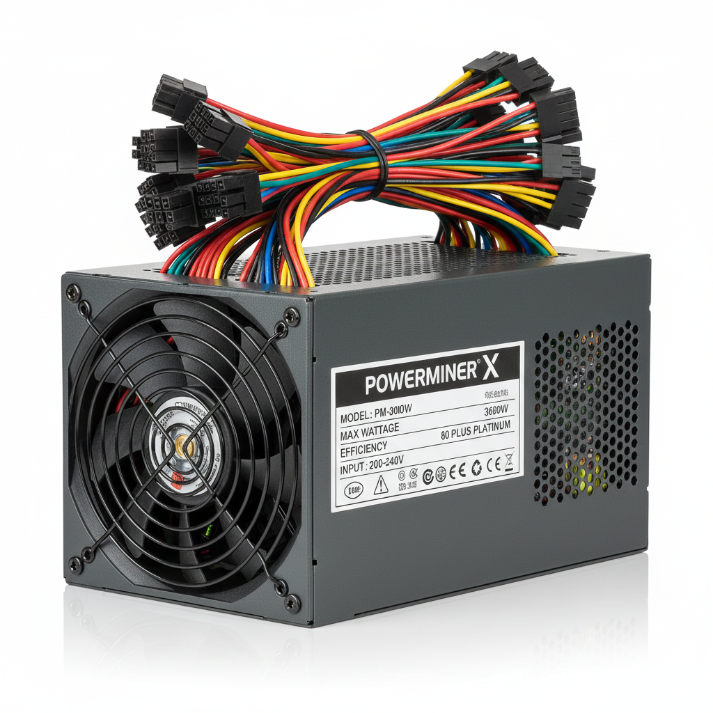 A detailed close-up of a power supply unit (PSU) for a crypto mining rig, highlighting its connections and internal components.
