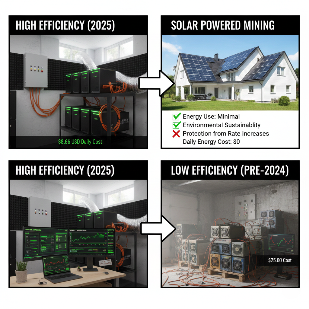Split image demonstrating the necessity of efficiency in post-halving mining: A modern, quiet, high-efficiency setup with low daily cost versus a dusty, hot, low-efficiency setup, emphasizing the strategic advantage of renewable energy integration