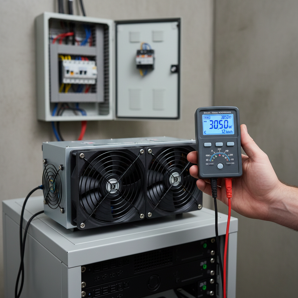 A detailed view of a person's hand holding a digital electricity meter, showing a reading of 3050W and an electricity rate. In the background, a compact cryptocurrency mining machine with dual fans is visible on a metal rack, next to an open electrical service panel, emphasizing energy efficiency.