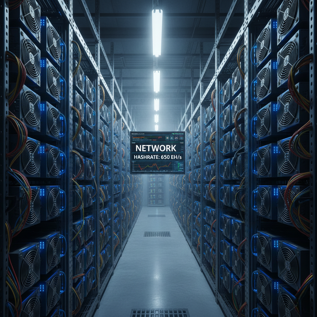 A wide shot of a large-scale cryptocurrency mining farm with rows of active ASICs and a central monitor displaying "NETWORK HASHRATE: 650 EH/s".