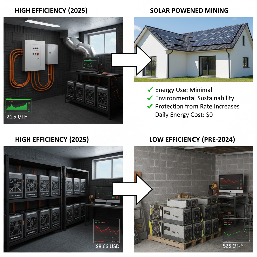 Visual comparison showing the profitability contrast between high-efficiency ASIC miners (21.5 J/TH) in a well-managed indoor setup and low-efficiency miners, contrasting high daily energy cost with solar-powered zero-cost mining