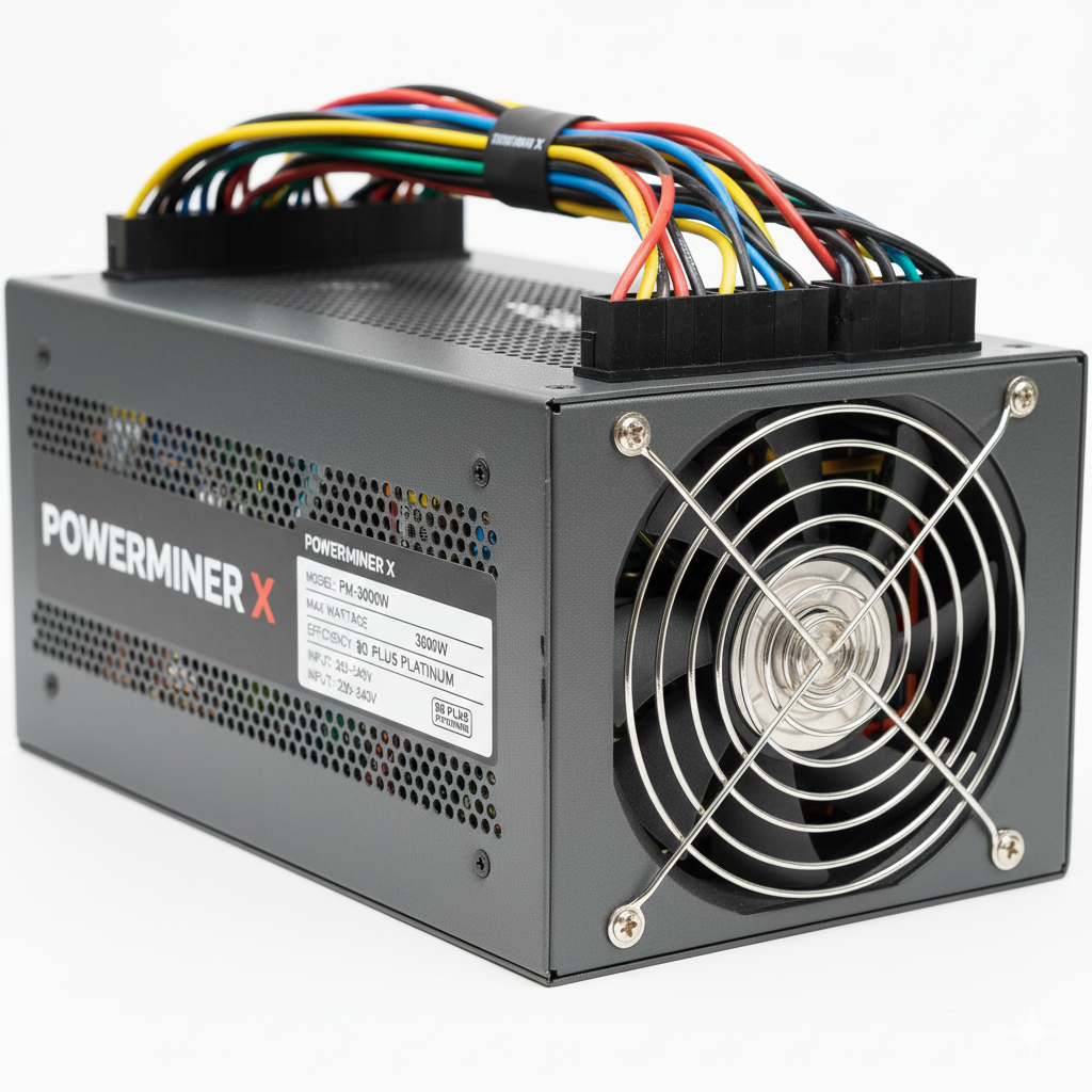 A detailed close-up of a power supply unit (PSU) for a crypto mining rig, highlighting its connections and internal components