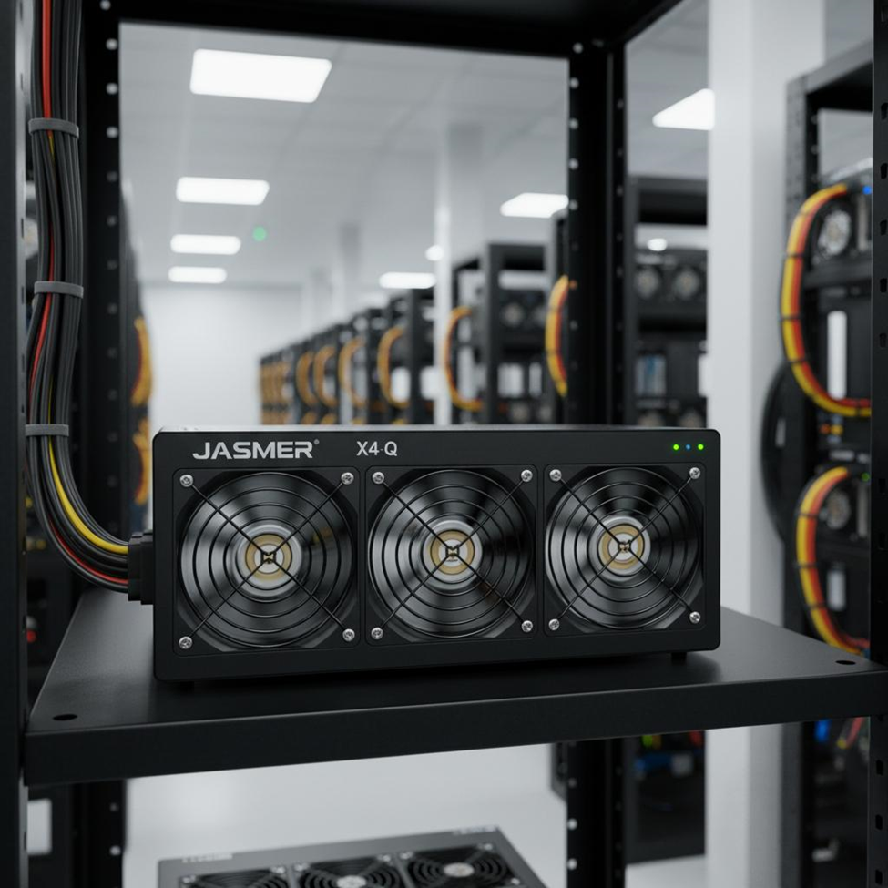 A Jasminer miner is displayed in a brightly lit data center aisle, with other mining equipment visible in the background, all actively running.