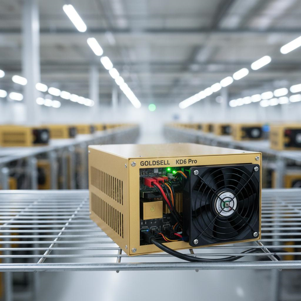 A Goldshell miner is captured in a brightly lit industrial setting, its internal components slightly visible, suggesting operation