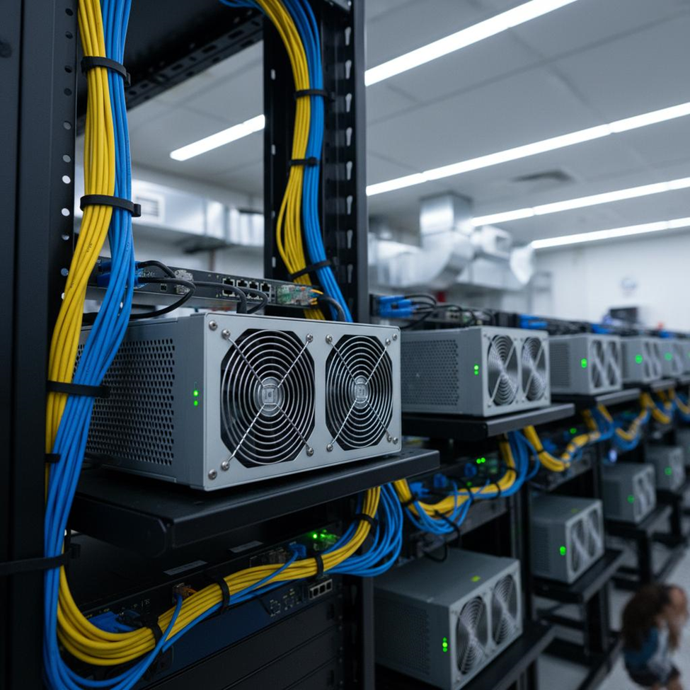 A Canaan Avalon miner stands amidst other equipment in a well-organized mining facility, with cables neatly managed.