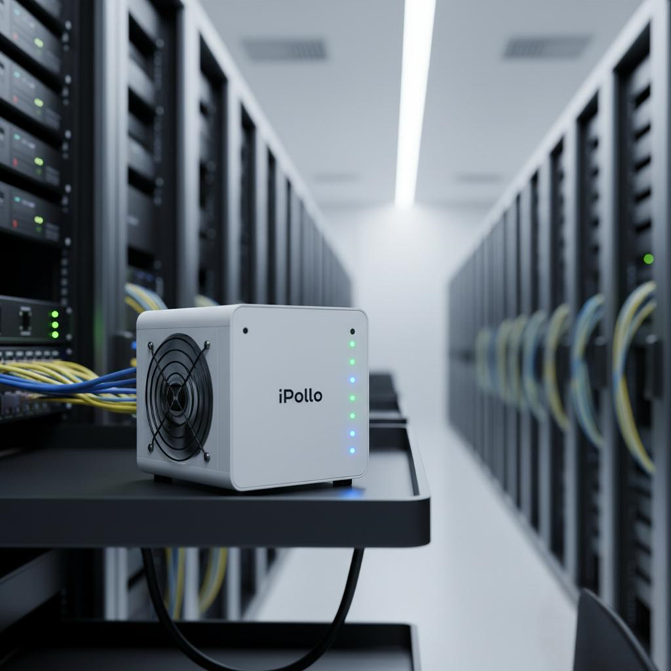 An iPollo miner is shown in a clean, brightly lit server room, with indicator lights glowing